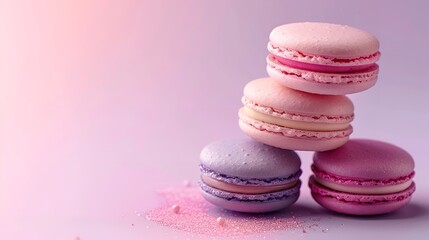 Close-up of delicious colourful macaroons prepared for a restaurant's marketing, separated from text by a pale pink backdrop, Generative AI.