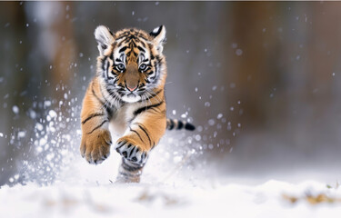 A tiger cub running in the snow, with snowflakes flying around it and motion blur