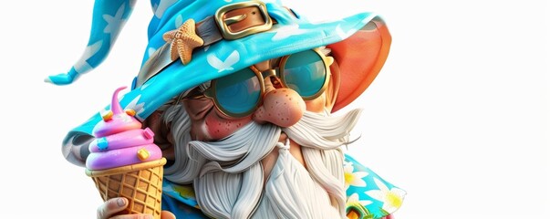 A gnome wizard in summer attire, complete with beachthemed accessories and a colorful ice cream cone