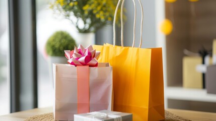 Shopping bags on a table with a gift box