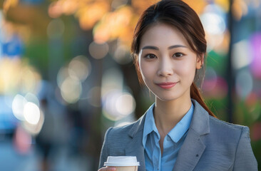 A young Asian businesswoman is walking and holding a coffee cup while looking at the camera in the city.