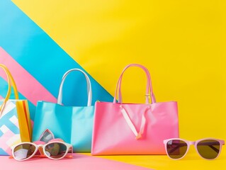 Shopping bags and accessories on a colorful background