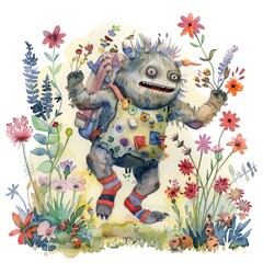 Watercolor painting of a clumsy monster with mismatched socks and a backpack full of treasures, stumbling through a field of flowers, on isolated, Generative AI
