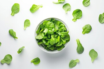 Obraz premium Crisp lettuce leaves arranged in a ceramic bowl on a white backdrop