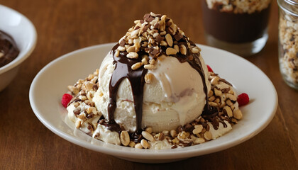 ice cream sundae with chocolate fudge and chopped peanuts