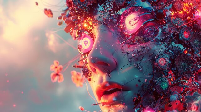 Futuristic digital art depicting a vibrant, surreal humanoid face with intricate mechanical and organic elements glowing in various colors.