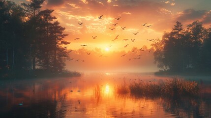 Obraz premium Reverse silhouette of birds flying over a lake, highlighting wildlife conservation, high-resolution, super detailed rendering