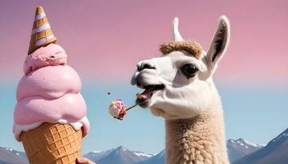 Obraz premium A Llama Eating A Giant Ice Cream Cone Upscaled 2