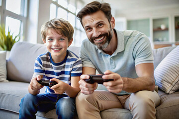 Father and son playing video game together. Father's Day concept