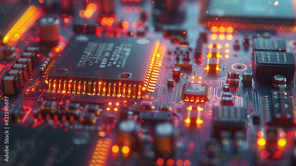 Aufkleber this detailed image features a close-up view of a computer motherboard with illuminated circuits and