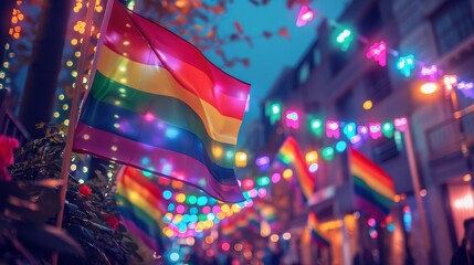 LGBTQ pride event at night. A night scene at a pride event with a crowd of people holding rainbow flags, illuminated by vibrant multicolored lights.