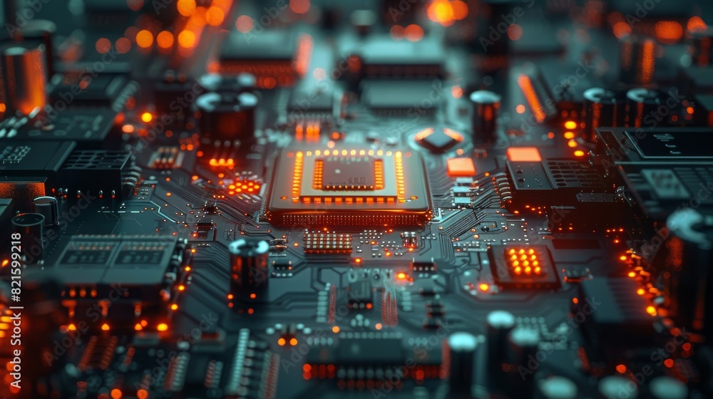 Poster detailed image of an advanced, futuristic circuit board with complex connections and illuminated pat