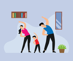 family spending time doing morning exercise together at home. healthy lifestyle indoor fitness 2d flat vector illustration
