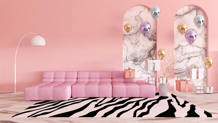 Colorful balloons flying in the room. 3D illustration, 3D rendering	
