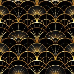 Luxurious Art Deco pattern in gold and black featuring fan motifs and geometric designs, perfect for upscale decorative purposes.