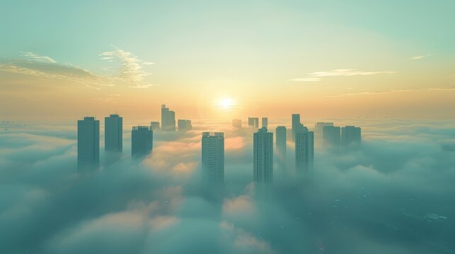 A foggy landscape with a silhouette of a city skyline in the background, symbolizing fog computing