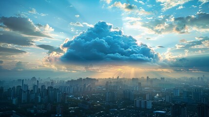 A giant cloud hovering over a cityscape, representing the integration of cloud computing in urban infrastructure and services.