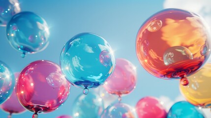 A series of colorful, spherical balloons floating against a clear blue sky, each one perfectly round and reflecting the sunlight in a delightful display of colors.