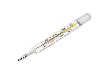 Mercury-in-glass thermometer with temperature mark 39,5 isolated on transparent background flat lay...