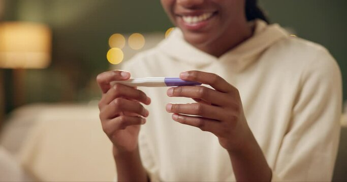 Woman, pregnancy test and excited or surprised in home with good news, fertility and ivf success journey. Hands, new mother and happy with results of testing kit on sofa for future motherhood and wow