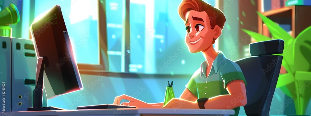 Poster friendly and knowledgeable tech support professional assisting a client at their desk