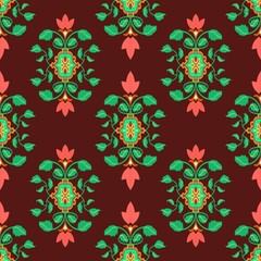 Damask Ikat floral pattern on red background illustration.Ikat ethnic oriental embroidery,Aztec style,abstract background.design for texture,fabric,clothing,wrapping,decoration,sarong,scarf