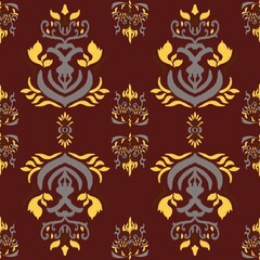 Damask Ikat floral pattern on red background illustration.Ikat ethnic oriental embroidery,Aztec style,abstract background.design for texture,fabric,clothing,wrapping,decoration,sarong,scarf