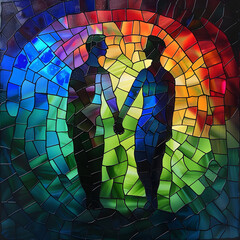 Fototapeta premium Gay couple holding hands in Stained glass style.
