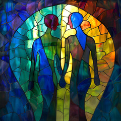 Gay couple holding hands in Stained glass style.