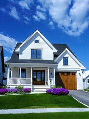 Beautiful white house with a front yard and garage under a bright blue sky, modern exterior view