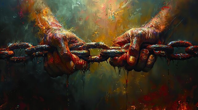 An abstract depiction of hands breaking chains, symbolizing the struggle and triumph for liberation.