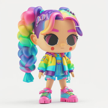 Charming 3D cartoon girl character with braided rainbow hair and colorful outfit, ideal for playful and creative themes.
