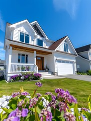 Beautiful white house with a front yard and garage under a bright blue sky, modern exterior view