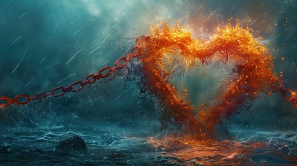 An abstract depiction of chains breaking around a heart, symbolizing emotional and societal liberation.