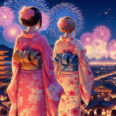 夏祭り、浴衣、思い出、花火、お友達と過ごした夏のアート