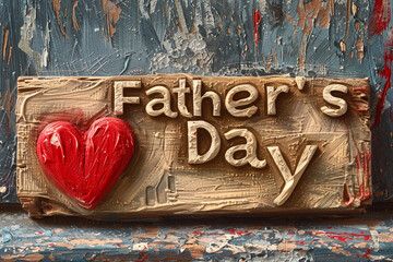 A Father's Day card with "Father's Day" appearing as if carved into wood, with a red heart painted next to it like a timeless carving.