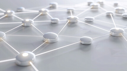 A sleek network diagram with white and silver light nodes interconnected by glowing lines, symbolizing seamless data flow and professional connectivity