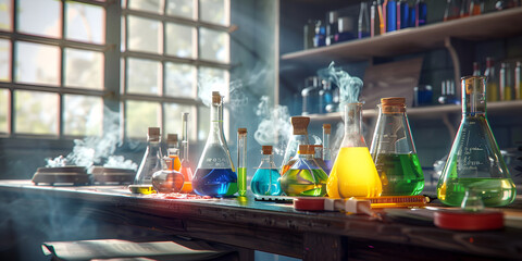 A chemistry experiment is shown in a dark room with a colorful liquid in the beaker.
