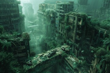 Abandoned cityscape overrun by nature, depicting post-apocalyptic urban decay with vibrant green foliage amidst crumbling buildings.