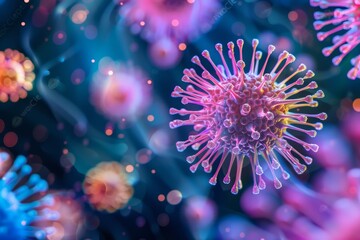 Fototapeta premium Close-up view of colorful virus cells floating in a blue background, representing microscopic virus particles and biological concepts.