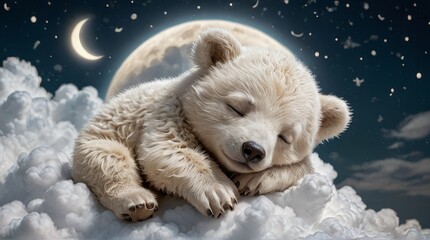 Fototapeta premium Enchanting Night: Polar Bear Cub Resting Among Celestial Clouds and Moonlit Skies