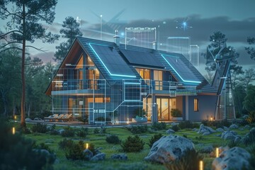 Obraz premium Modern smart home integrated with advanced technology, set in a serene natural environment at dusk, featuring futuristic architecture.