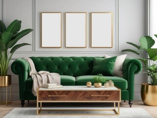 Luxury interior with stylish Kelly Green velvet sofa, wooden commode, mock up poster frame