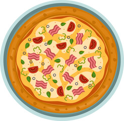 Capicciosa Pizza. Vector illustration of italian pizza. Pizza with ham, basil, tomato, peppers and cheese