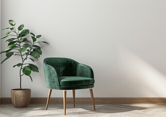 Green chair with green plant beside it in empty room