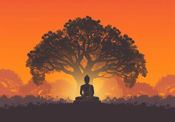 A simple vector illustration of Buddha meditating under the Bodhi tree