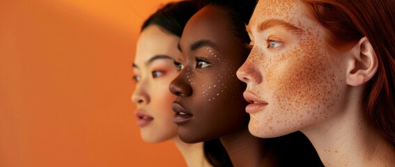 Group of three women with freckles on their faces, representing natural beauty and diversity in the fashion and beauty industry