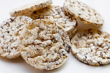 Round crispy rice crackers. Rice cakes