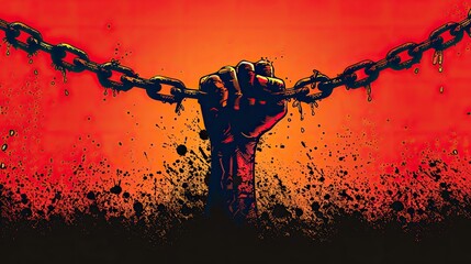 An abstract depiction of hands breaking chains, symbolizing liberation from oppression.