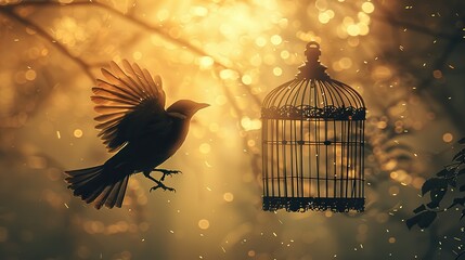 Fototapeta premium A drawing of a bird flying out of a cage with rays of light, symbolizing liberation and hope.
